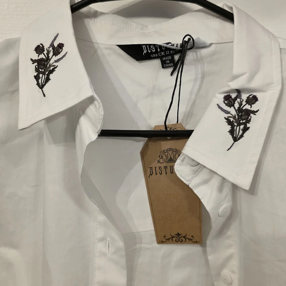 Disturbia Dispair White Button Down Shirt with Thistle Embroidery - Picture 2 of 3